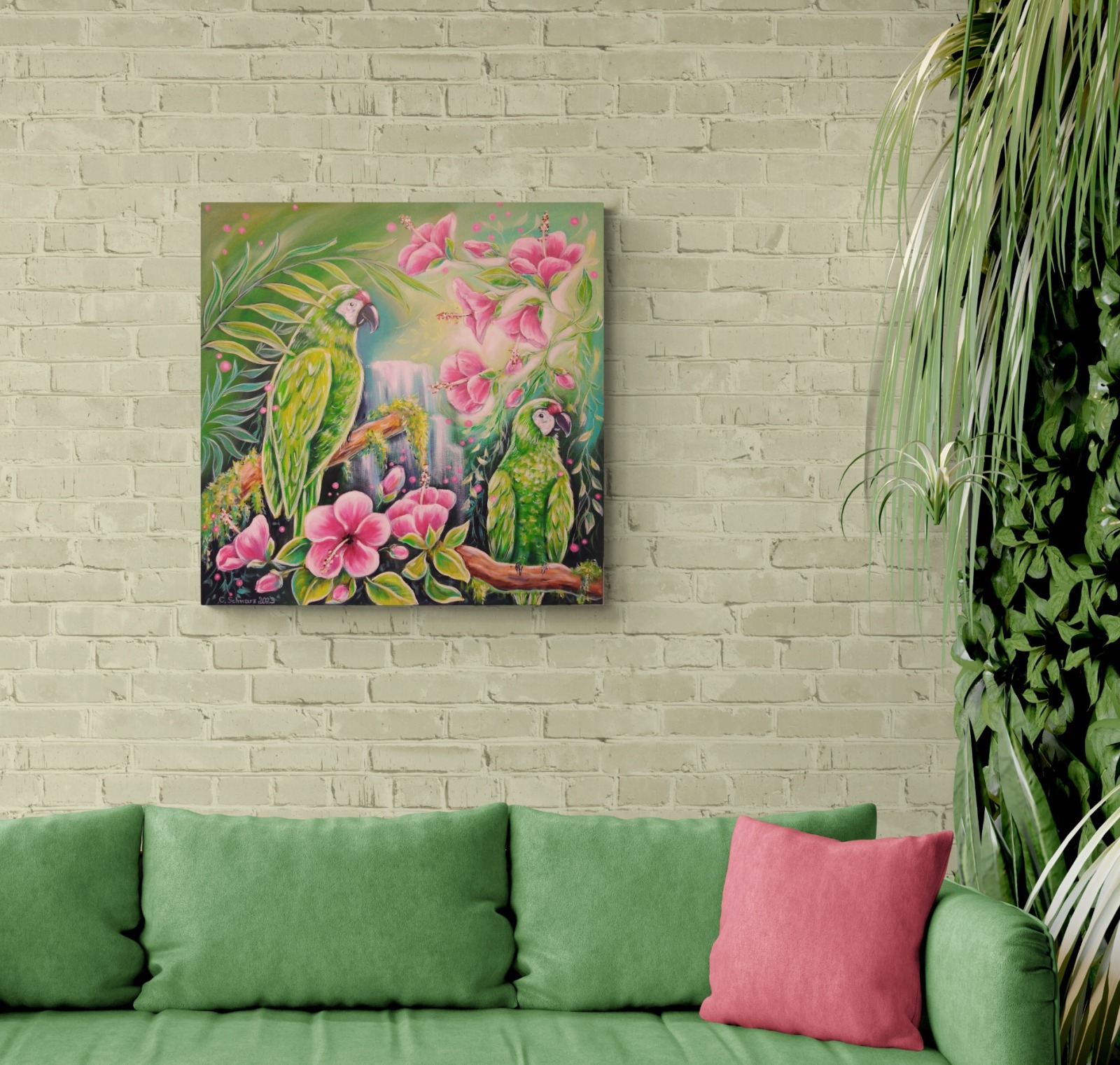 JUNGLE MAGIC - Bild mit grünen Aras und rosa Hibiskusblüten auf Leinwand 80cmx80cm 4