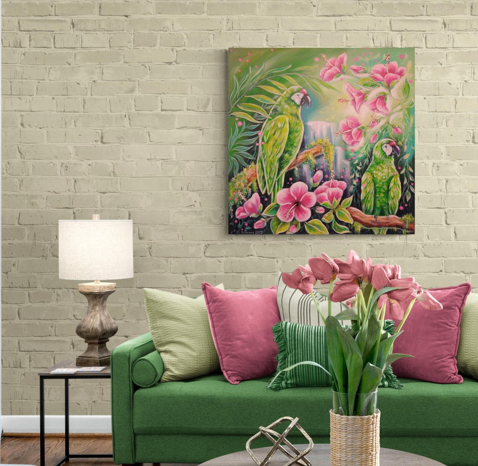 JUNGLE MAGIC - Bild mit grünen Aras und rosa Hibiskusblüten auf Leinwand 80cmx80cm 5