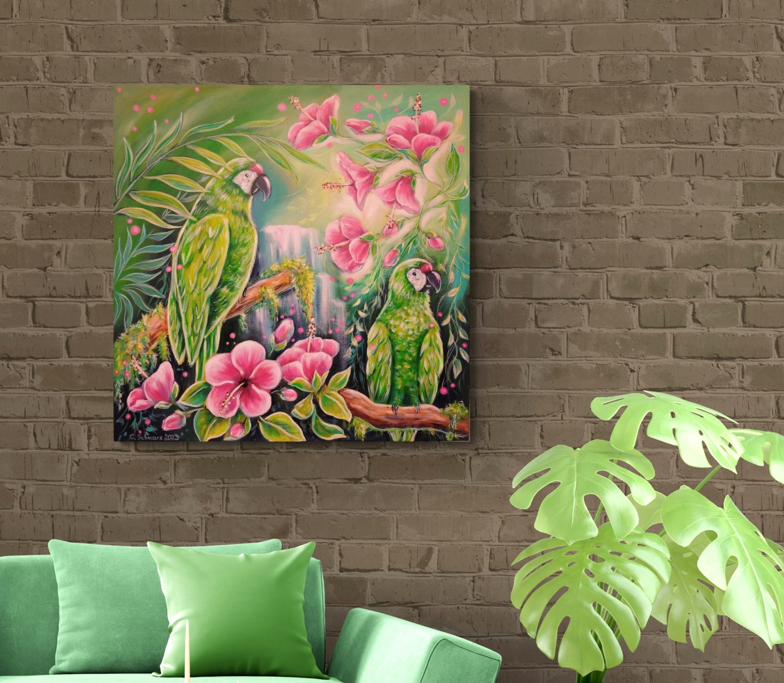 JUNGLE MAGIC - Bild mit grünen Aras und rosa Hibiskusblüten auf Leinwand 80cmx80cm