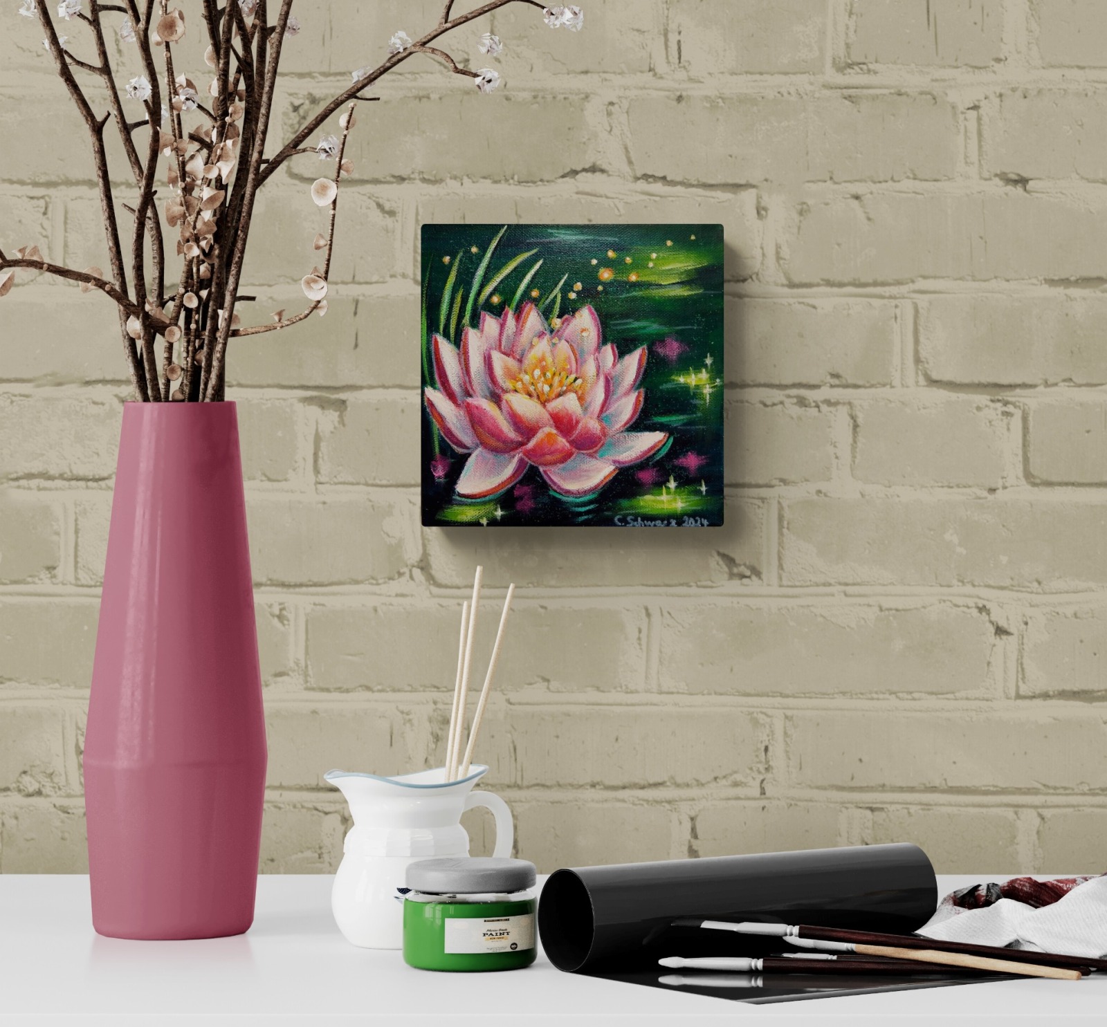 Kleines Acrylgemälde MIDNIGHT WATER LILY - zauberhaftes Acrylgemälde auf Leinwand von der