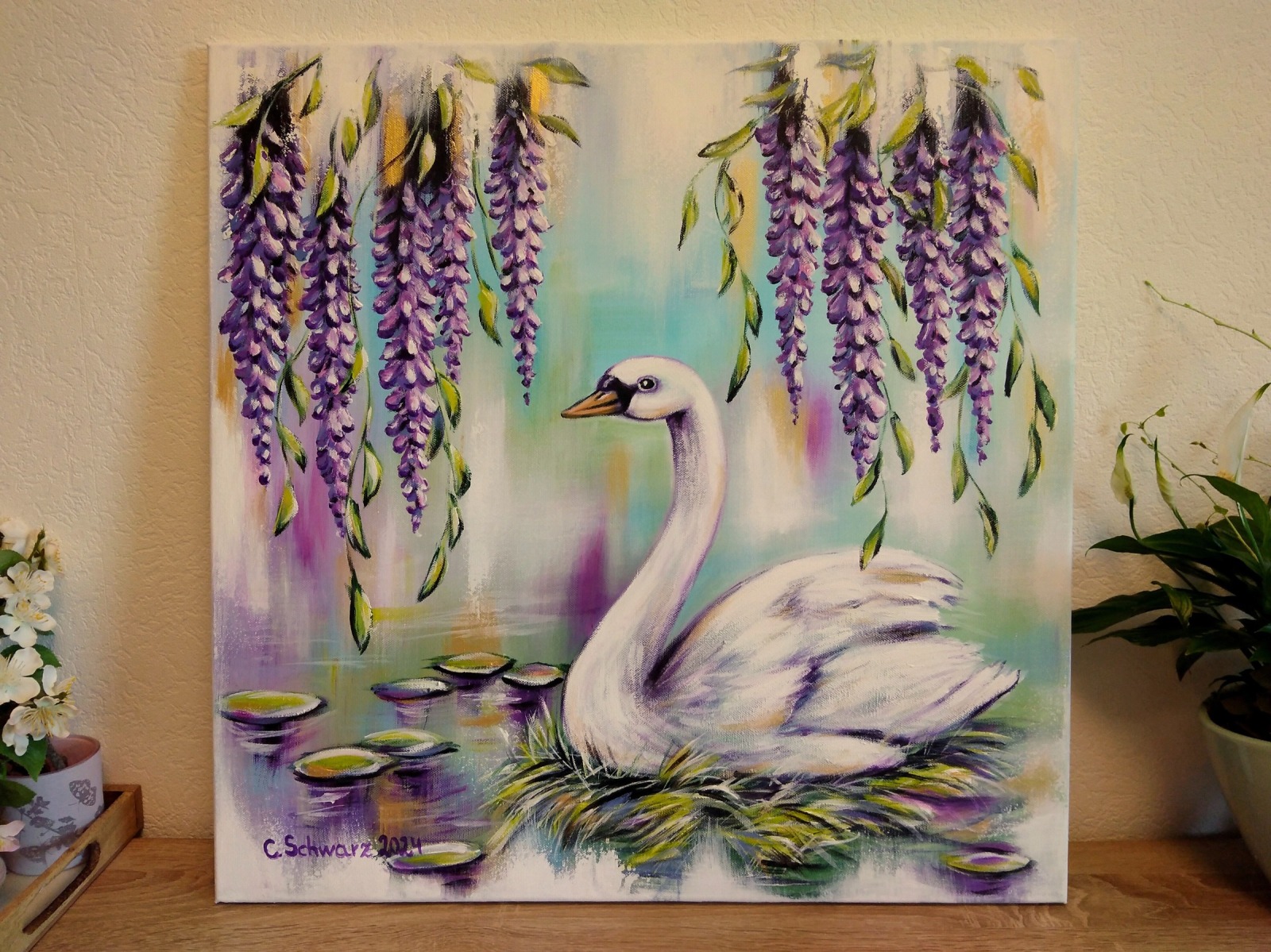 NESTING SWAN - modernes romantisches Schwanengemälde von Christiane Schwarz 60cmx60cm 8