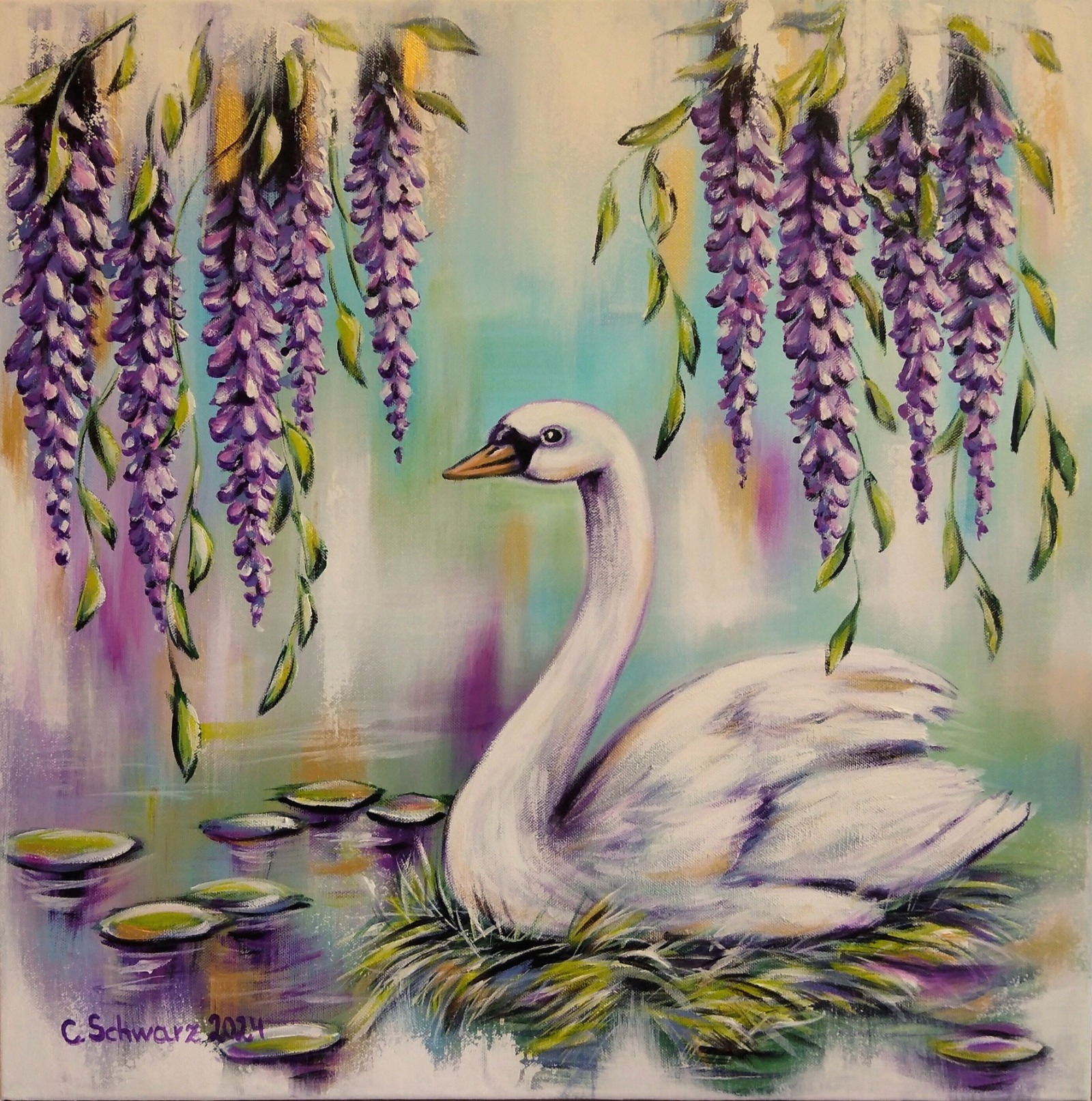 NESTING SWAN - modernes romantisches Schwanengemälde von Christiane Schwarz 60cmx60cm 7