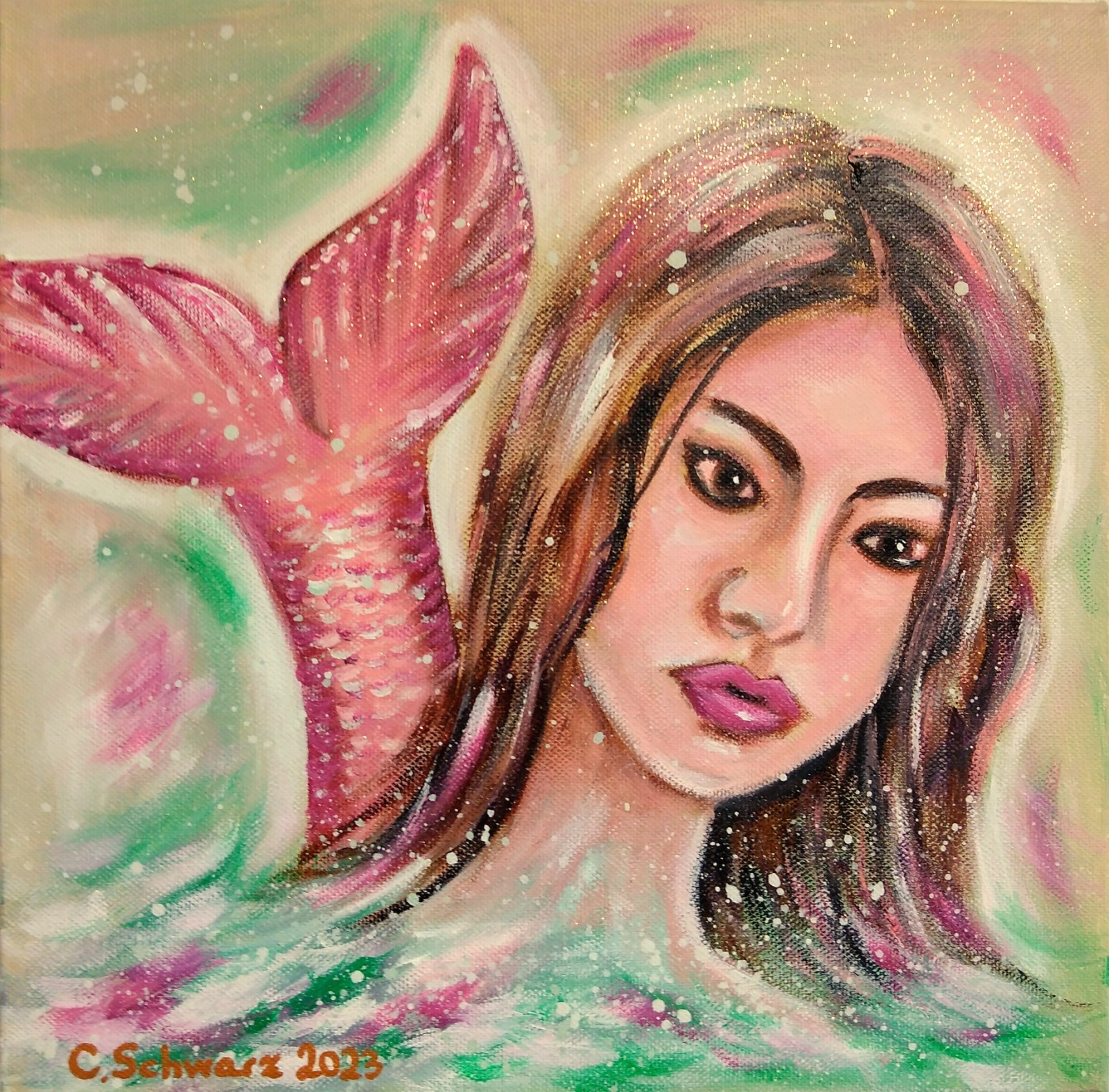 PRETTY LITTLE MERMAID - surrealistisches Acrylgemälde mit einer Nixe 30cmx30cmx3,7cm von Christiane