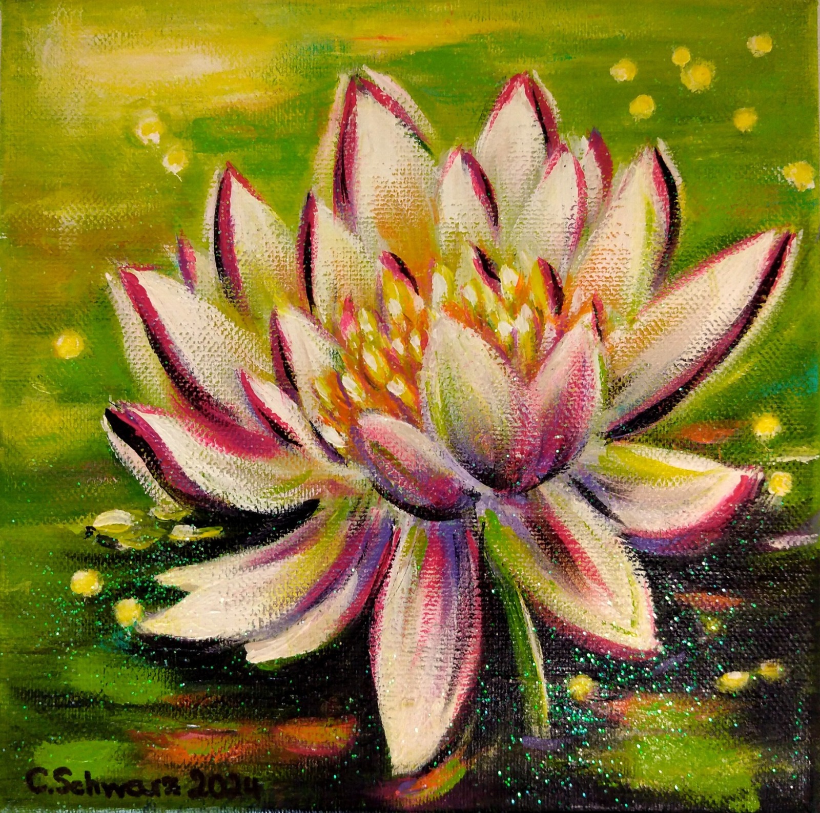 Kleines Acrylgemälde RAINBOW WATER LILY - zauberhaftes Acrylgemälde auf Leinwand von der