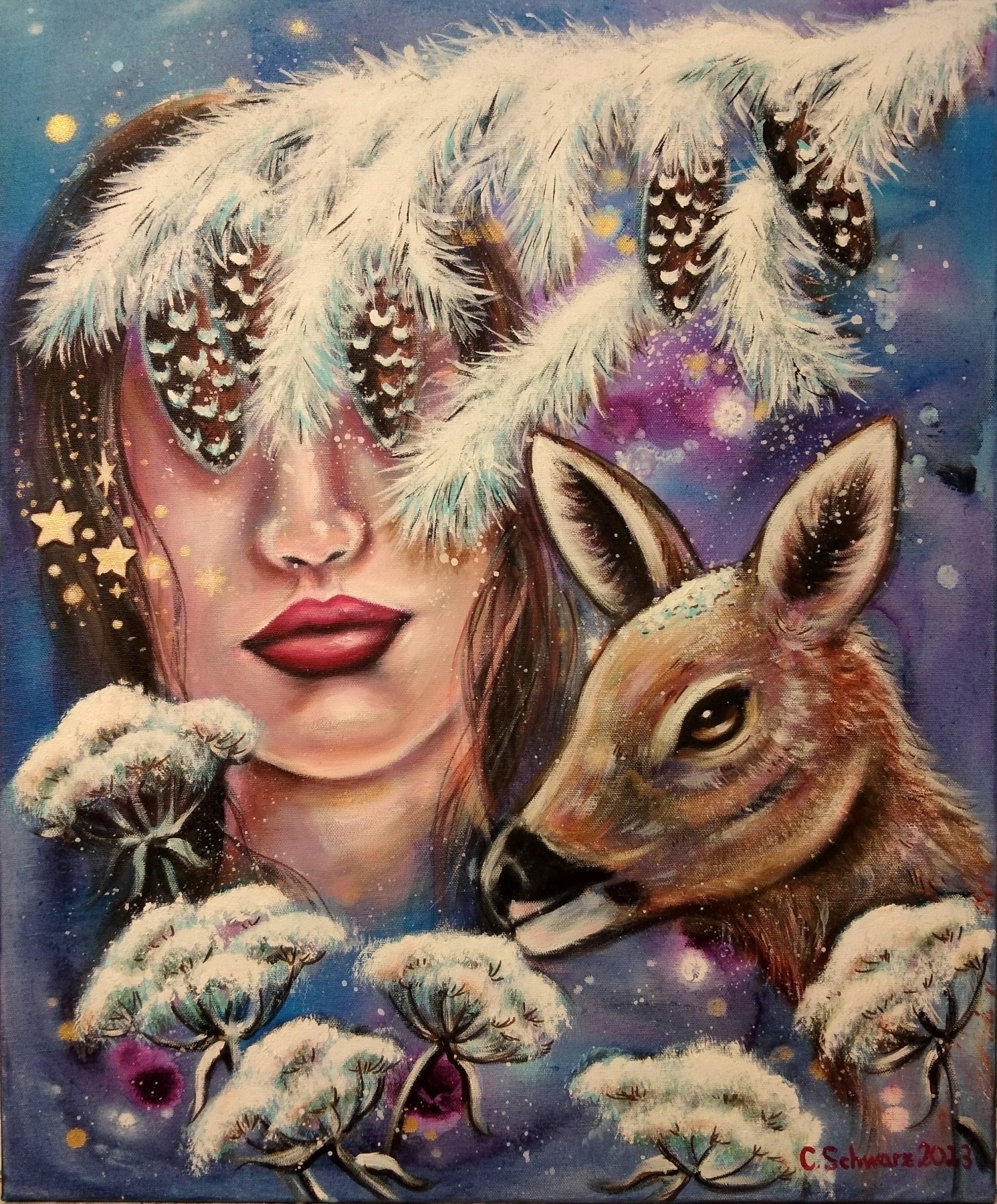 SILENT NIGHT - zauberhaftes, winterliches Frauenportrait mit einem Reh 50cmx60cmx2,0cm von