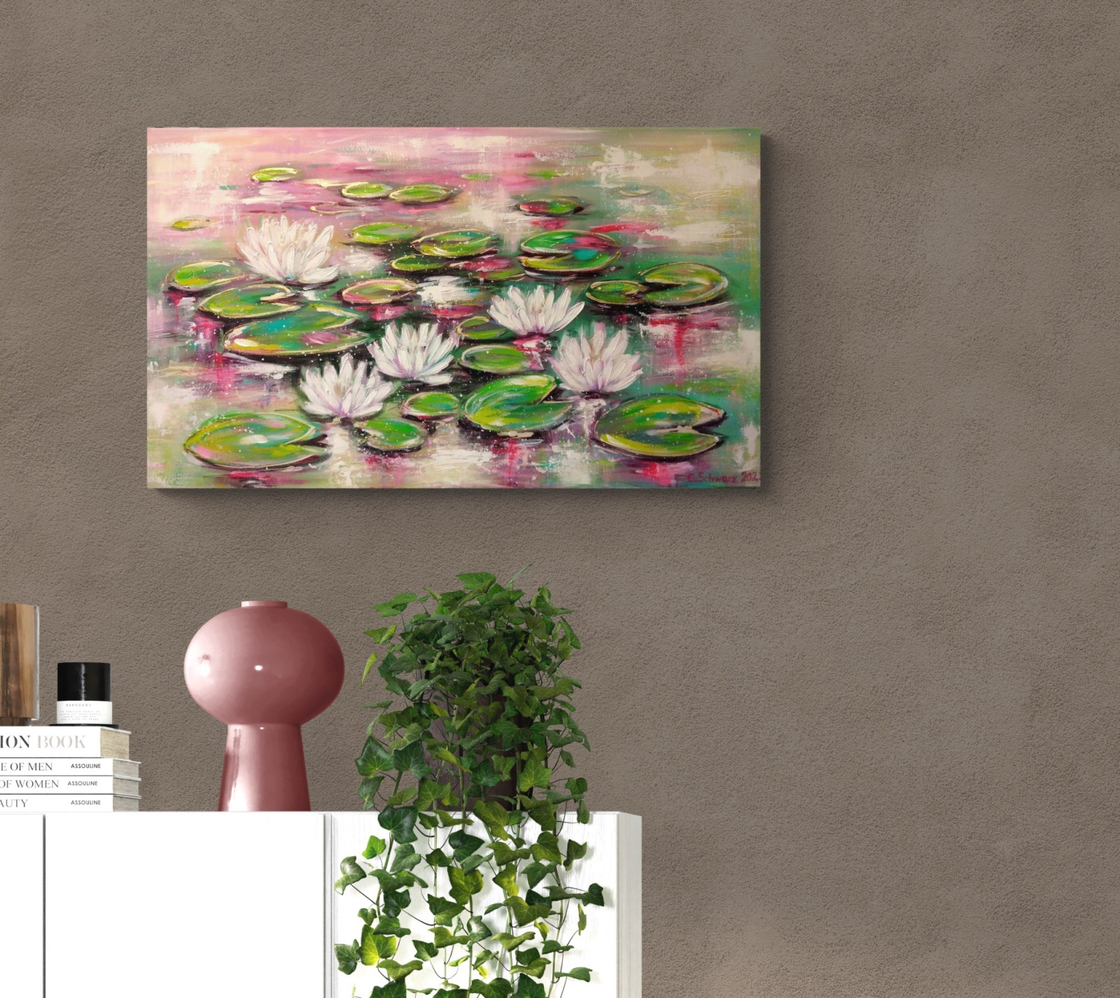 SPÄTSOMMERLICHE ELEGANZ - abstraktes Acrylgemälde mit weißen Seerosen auf Leinwand 5