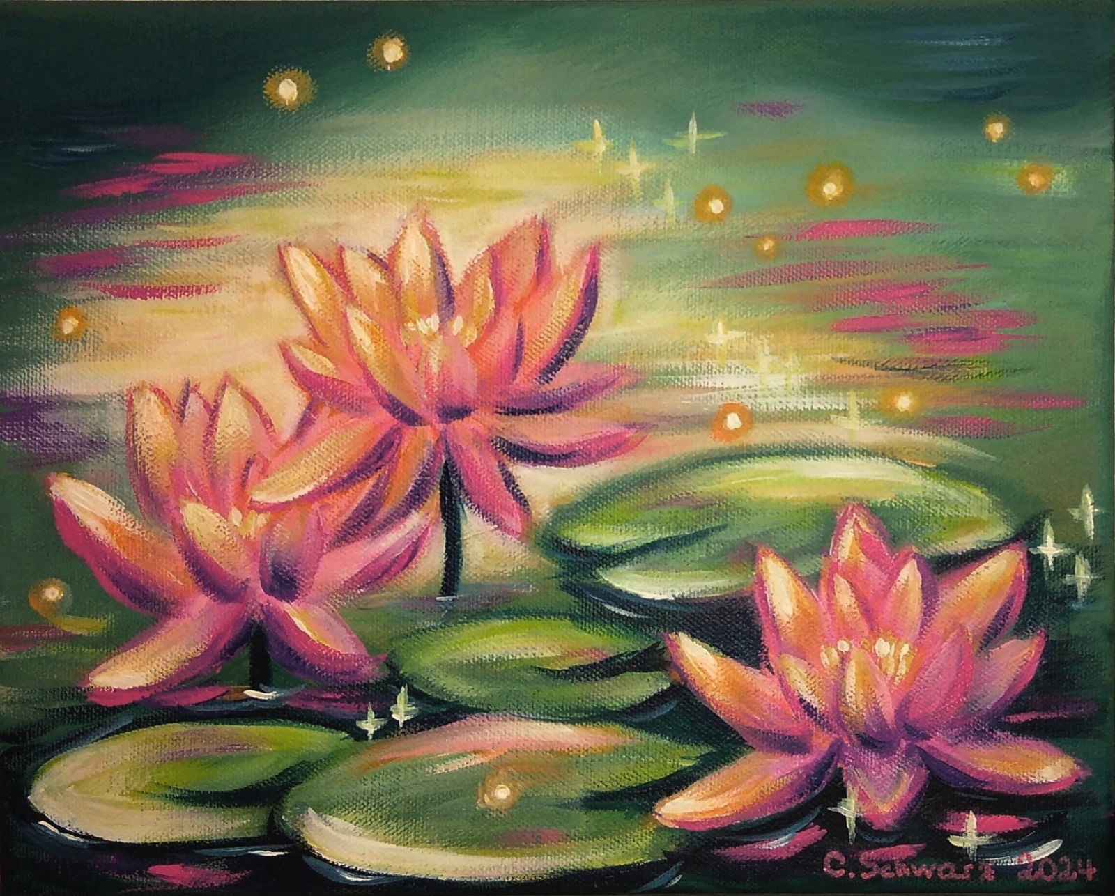 Acrylgemälde SPARKLING WATER LILIES - mystisches Acrylgemälde auf Leinwand von der Künstlerin