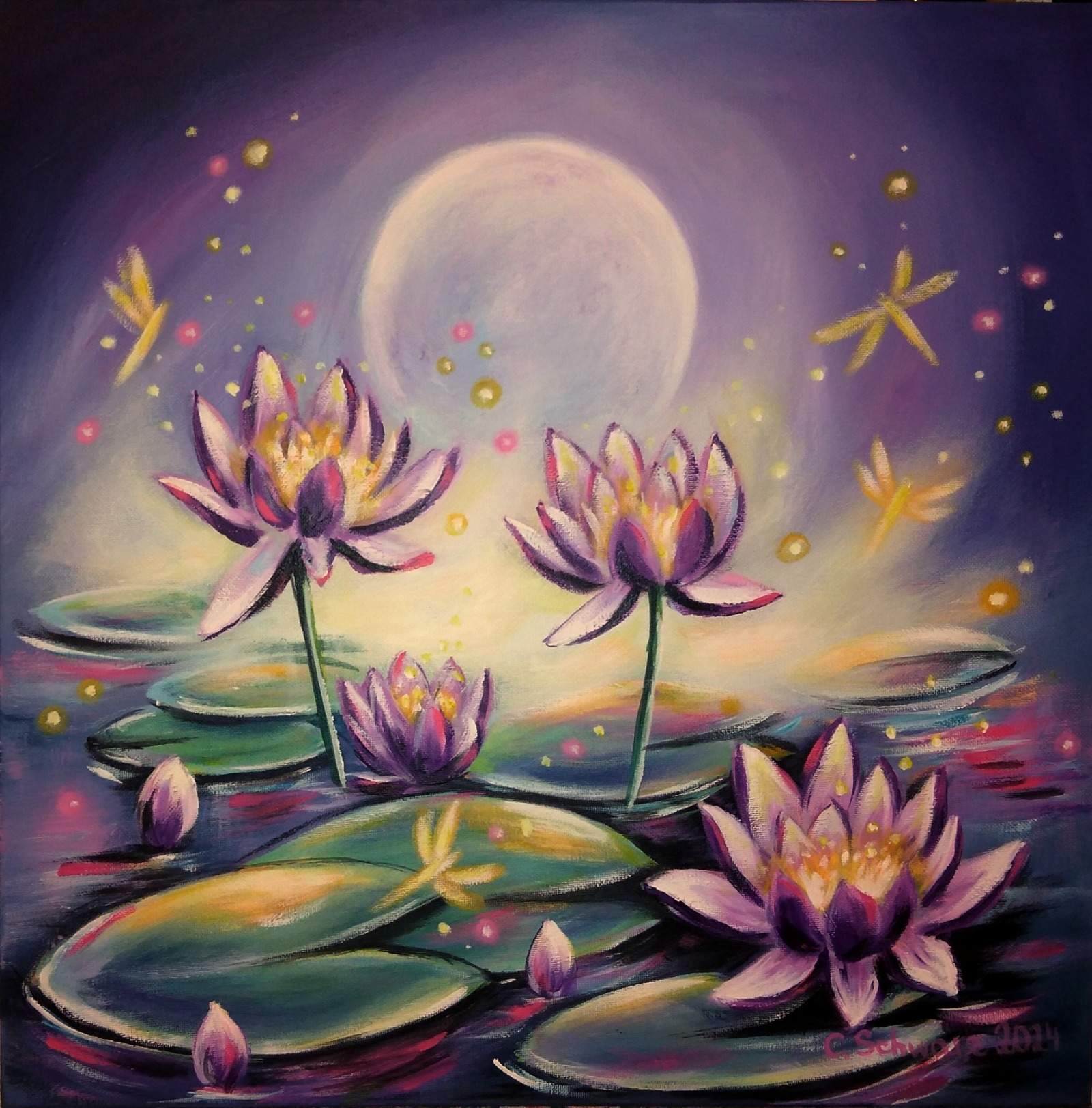 THE GLOW OF THE WATER LILIES - mystisches Kunstwerk mit Seerosen von der Künstlerin Christiane