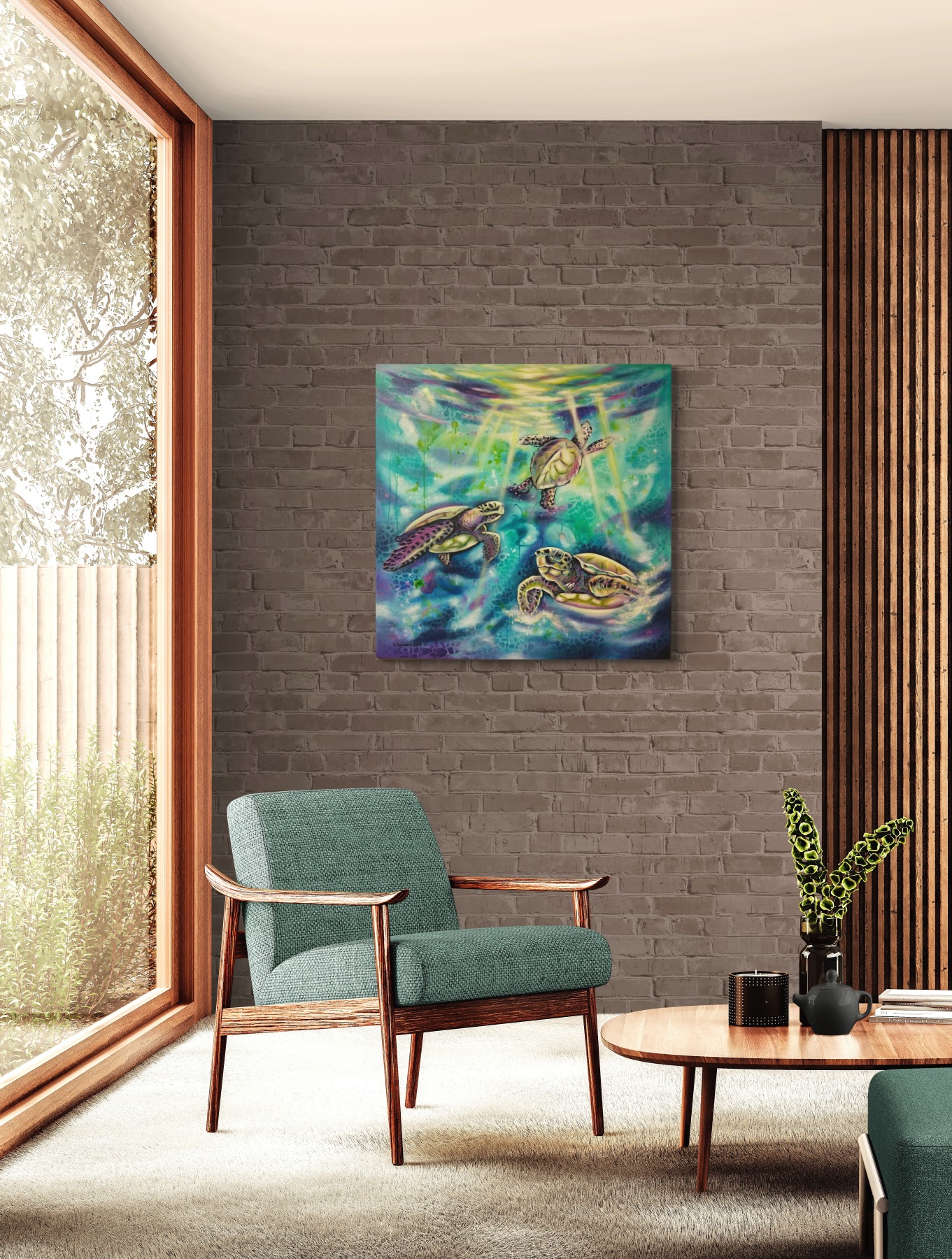 Turtle Bay Romantisches Acrylgemälde auf Leinwand 1m x 1m | Magische Meeresschildkröten in