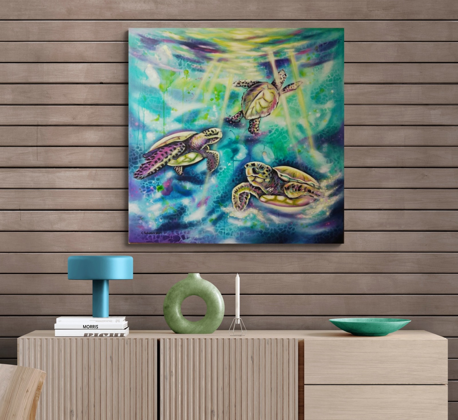 Turtle Bay Romantisches Acrylgemälde auf Leinwand 1m x 1m | Magische Meeresschildkröten in