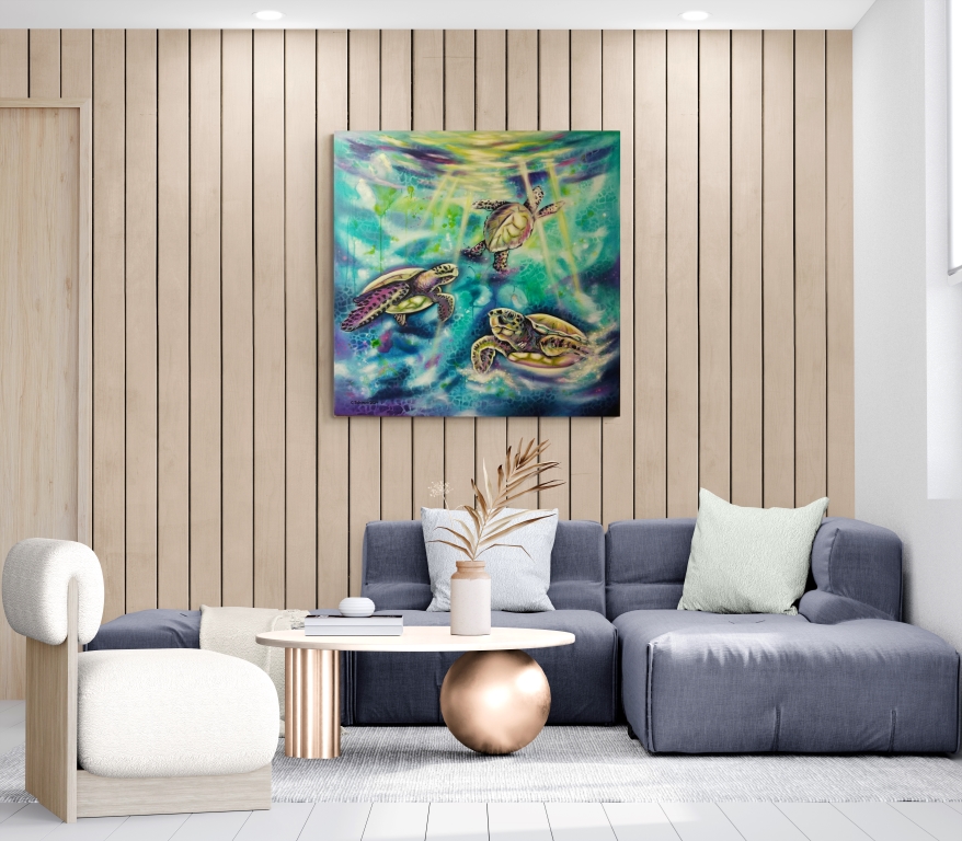 Turtle Bay Romantisches Acrylgemälde auf Leinwand 1m x 1m | Magische Meeresschildkröten in