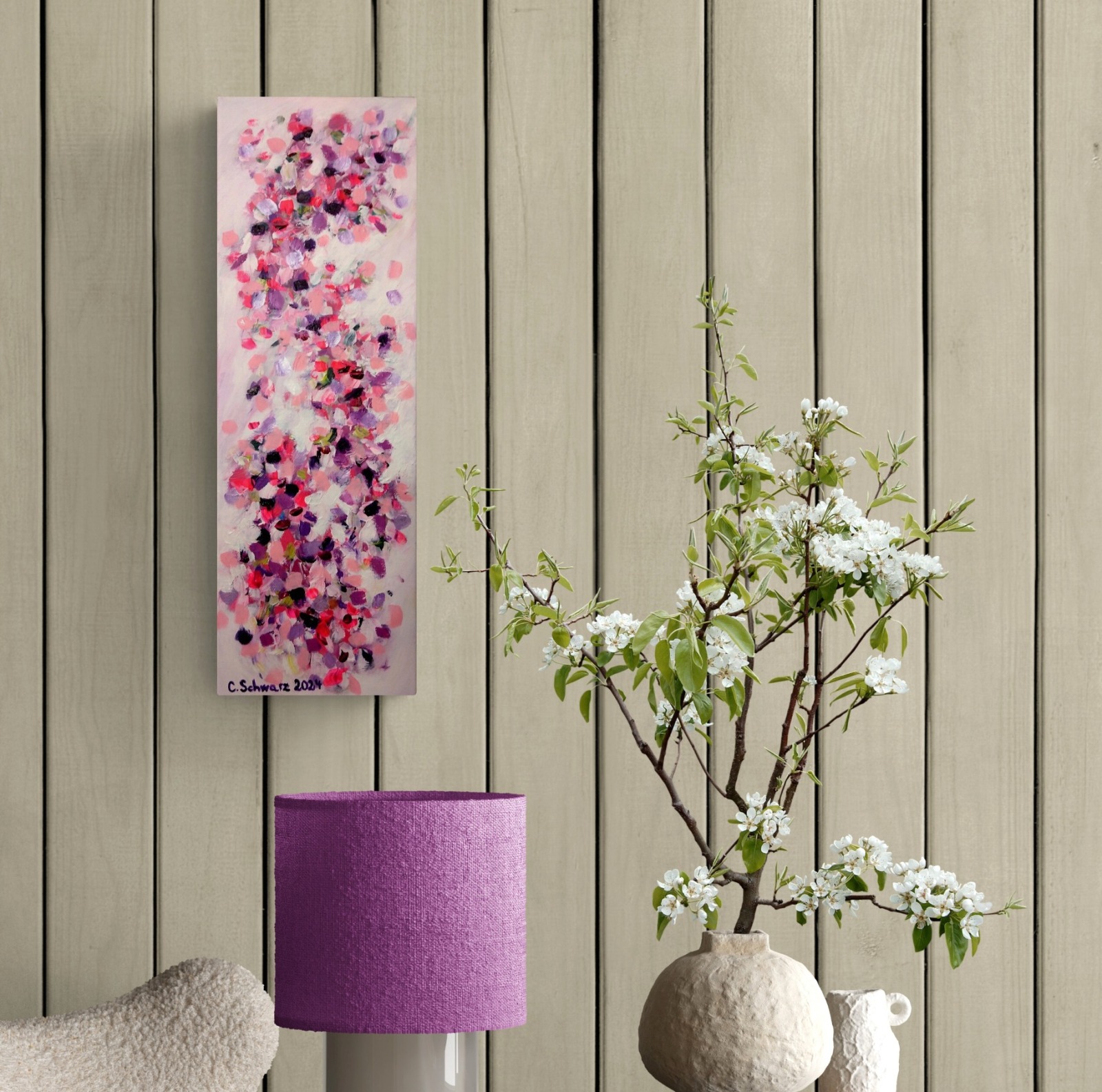 VEILCHENGARTEN - florales, abstraktes Mini-Gemälde auf Leinwand von Christiane Schwarz 20cmx60cm 3