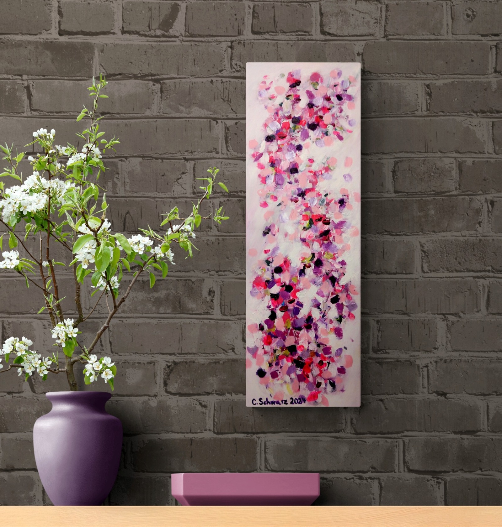 VEILCHENGARTEN - florales, abstraktes Mini-Gemälde auf Leinwand von Christiane Schwarz 20cmx60cm