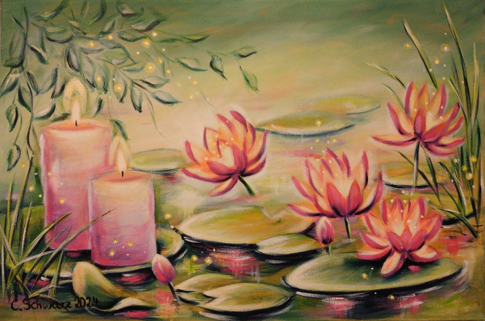 Acrylgemälde WATER LILY ROMANCE - mystisches Seerosenbild von der Künstlerin Christiane Schwarz 6