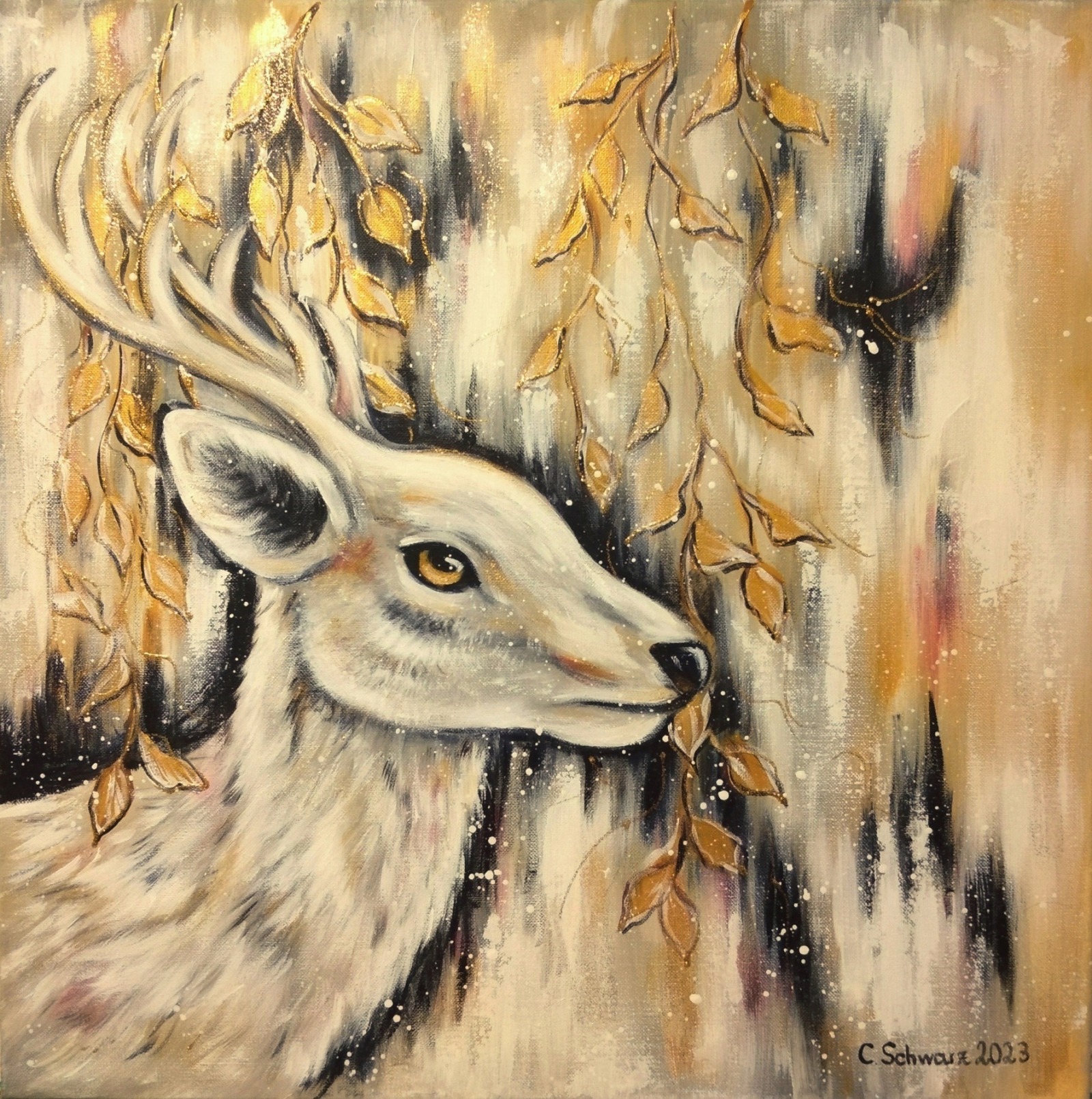 Weißer Hirsch im Glitzerwald - modernes Acrylgemälde mit einem Hirsch und goldfarbigen Blättern