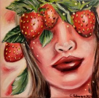 ERDBEERMÄDCHEN - gemaltes Frauenportrait mit Erdbeeren auf Leinwand 20cmx20cm von Christiane