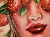 ERDBEERMÄDCHEN - gemaltes Frauenportrait mit Erdbeeren auf Leinwand 20cmx20cm von Christiane