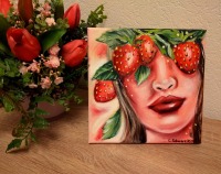 ERDBEERMÄDCHEN - gemaltes Frauenportrait mit Erdbeeren auf Leinwand 20cmx20cm von Christiane Schwar