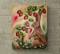 HASE MIT ERDBEEREN - gemaltes Hasenbild mit Erdbeeren auf Leinwand 40cmx50cm von Christiane Schwarz