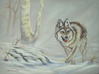 Acrylbild HUNGRY WOLF 80cm x 60cm - tolles Winterbild mit Wolf von der Künstlerin Christiane