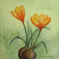 Acrylgemälde Gelbe Krokusse - Blumenbild Modern Kunst Frühling Bild Deko Leinwand 30cmx30cm 2