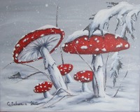 Acrylgemälde Verschneite Fliegenpilze - Kunst Wandbild Pilze Bild Leinwand 50cmx40cm 3