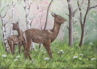 Acrylgemälde Frühlingserwachen - Rehe Gemalt Kunst Bild Kitz Leinwand 70cmx50cm - Acrylmalerei