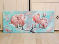 FRÜHLINGSTRAUM Leinwandbild 70cm x 30cm, mit irisierendem Glitter - gemalte Magnolie in Acryl