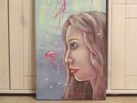 LONELY MERMAID - Fantasy Acrylgemälde 30cmx90cm, Meerjungfrau gemalt, Wandbild mit Nixe und rosa