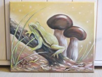 Acrylgemälde Laubfrosch bei den Steinpilzen - Acrylgemälde auf Leinwand - Frosch im Wald auf Holz