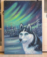 HUSKY IM NORDLICHT 50cmx70cm - gemalte Winterlandschaft mit verschneiten Tannen und Sibirischem