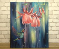 Acrylgemälde EXOTISCHER KOLIBRI II - abstraktes Vogelbild mit einem Kolibri und Blüten auf