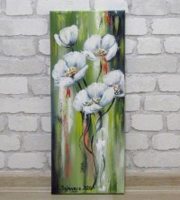 WHITE FLOWERS 20cm x 50cm - abstraktes Acrylgemälde mit weißen Blüten auf Leinwand, Acrylmalerei