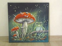 Frosch bei den Fliegenpilzen - idyllisches Acrylgemälde auf Leinwand 40cmx40cm 2