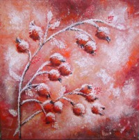 FROSTED ROSE HIPS - abstraktes Acrylbild mit Hagebutten, versehen mit irisierendem in feurigem Rot,