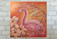 TROPICAL FLAMINGO - Acrylgemälde mit Flamingo und Hibiskusblüten auf Leinwand 60cmx60cm 2