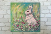 BUNNY GIRL - modernes Blumenbild mit weißem Hasen auf Leinwand 50cmx50cm, mit Glitter