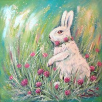 BUNNY GIRL - modernes Blumenbild mit weißem Hasen auf Leinwand 50cmx50cm, mit Glitter 2