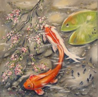 FRÜHLING IM TEICH - Acrylgemälde 60cmx60cm mit Goldfischen und Kaulquappen unter einem