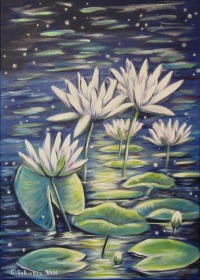 MOONLIGHT WATERLILIES - wunderschönes Seerosenbild mit Metallicakzenten auf Leinwand, Acrylmalerei