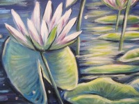 MOONLIGHT WATERLILIES - wunderschönes Seerosenbild mit Metallicakzenten auf Leinwand, Acrylmalerei