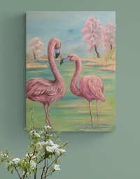 Original Acrylbild Flamingos im Frühling - Kunst Bild Vögel gemalt Vogelmalerei Leinwandbild