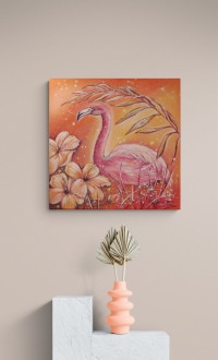 TROPICAL FLAMINGO - Acrylgemälde mit Flamingo und Hibiskusblüten auf Leinwand 60cmx60cm