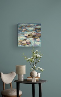 SUMMER END WATERLILIES - Acrylgemälde auf Leinwand mit Seerosen auf dem Teich - mit goldfarbigen