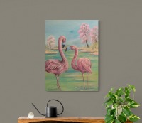 Original Acrylbild Flamingos im Frühling - Kunst Bild Vögel gemalt Vogelmalerei Leinwandbild