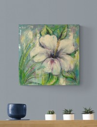 PRETTY HIBISCUS - handgemalte Hibiskusblüte auf Leinwand mit goldfarbigen Effekten 60cmx60cm von