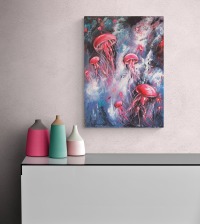 PINK JELLYFISH - abstraktes Acrylbild mit rosa Quallen auf Leinwand 50cmx70cm 2