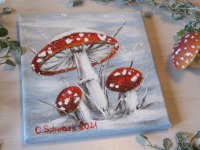 Fliegenpilze im glitzernden Schnee II - hübsches Acrylgemälde auf Leinwand 20cmx20cm mit Pilzen