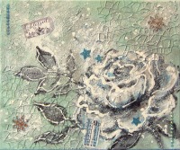 WINTERROSE türkisblau-weiß - hübsches Mixed Media Bild auf Leinwand 30cmx25cm mit Glitter -