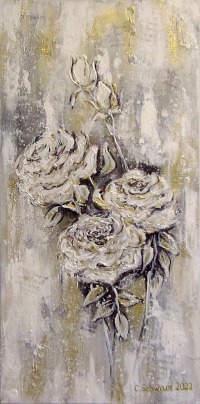 WEISSE ROSEN - elegantes Rosenbild auf 3,7cm dickem Galeriekeilrahmen 30cmx60cm von Christiane